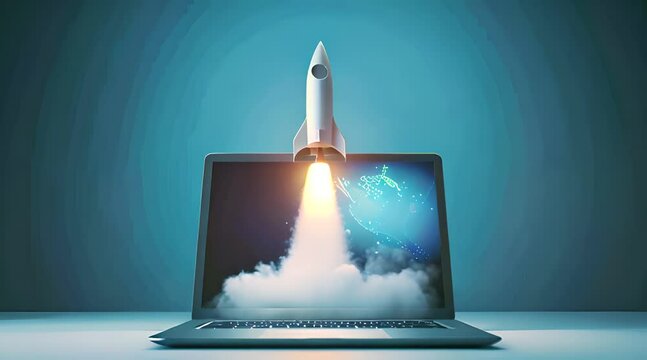 Rocket taking off from the laptop screen, business and startup concept, blue background.