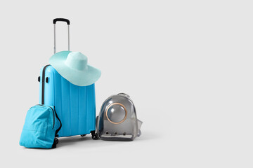 Pet backpack carrier with bags and summer hat on light background