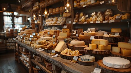 A gourmet cheese shop with various artisanal cheeses displayed on wooden boards and shelves. The...