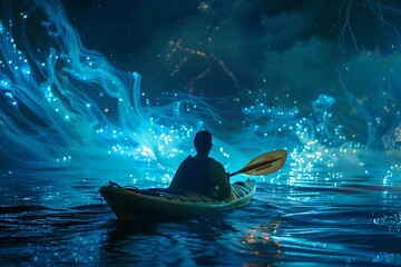 Kayaker paddling through a bioluminescent bay, surrounded by glowing water creatures.