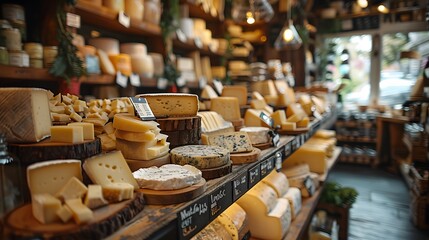 A gourmet cheese shop with various artisanal cheeses displayed on wooden boards and shelves. The...