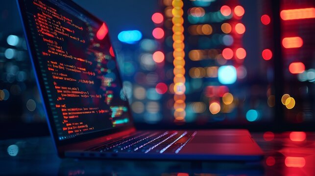 A close-up on a laptop screen displaying code with cloud service APIs and a blurred background of a modern data center, DevOps, Cloud Technologies, dynamic and dramatic compositions