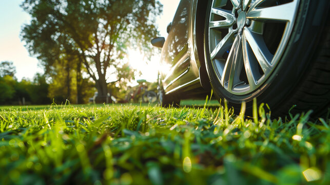 low angel view of a modern car on green grass