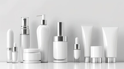 A set of white cosmetic bottles with silver or chrome caps