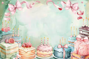 Happy birthday card or invitation for celebration with copy space. Background cakes in pastel colors