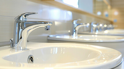 Modern Clean Bathroom Sink Row with Chrome Faucets in Public Restroom