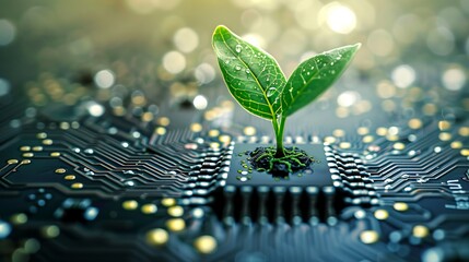 A small green plant growing on a microchip in a circuit board, symbolizing the connection between nature and technology.