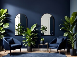 Deep Dark Livingroom with Blue Navy Paint, Decor Mirrors, and Armchair, Accent Indigo Cyan Color Mockup for Art or Pictures, Modern Minimalist Lounge Reception, 3D Render

