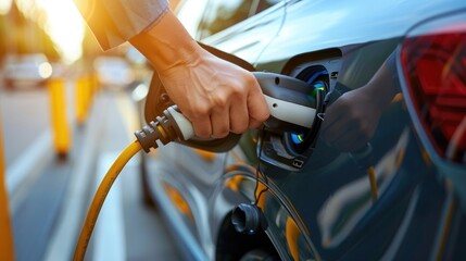 Obraz premium Sustainable, Green Energy, Environment conservation concept picture of electric plug-in hybrid car at charging station point for electric vehicles. 