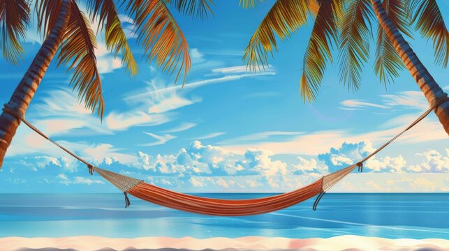 Illustration of a hammock strung between two palm trees on a tropical beach. Perfect scene for relaxation and summer vacations.