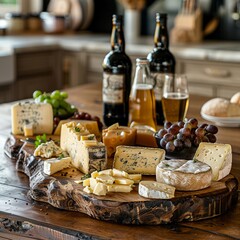 Cheese board with a variety of artisan cheeses and craft ales, stylish kitchen island, and casual vibe