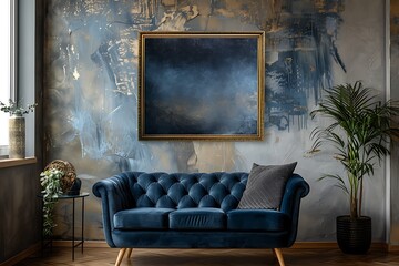 Luxurious golden frame mockup showcasing a dark, moody abstract painting, against a richly textured living room wall.