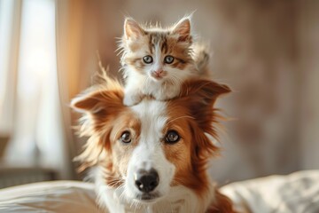 Adorable kitten sitting on a dog's head, showcasing a cute and playful moment between a cat and a...