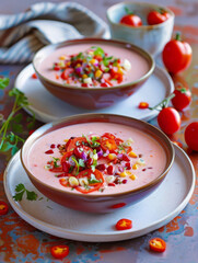 Bowls of Refreshing Gazpacho Soup with Fresh Ingredients on Table