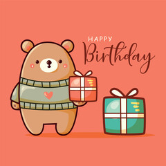 Cartoon bear with a giftbox and happy birthday message, ideal for birthday cards, invitations, and social media posts. Festive and cheerful design.