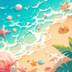 Fototapeta na wymiar kawaii illustration of a beach scene, summer activities, summer fun, summer beach, cute summer beach, sea life