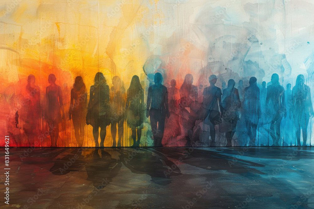 Poster A painting of a group of people in a line with a rainbow background. The painting is a representation of unity and diversity, with each person in the line representing a different color of the rainbow