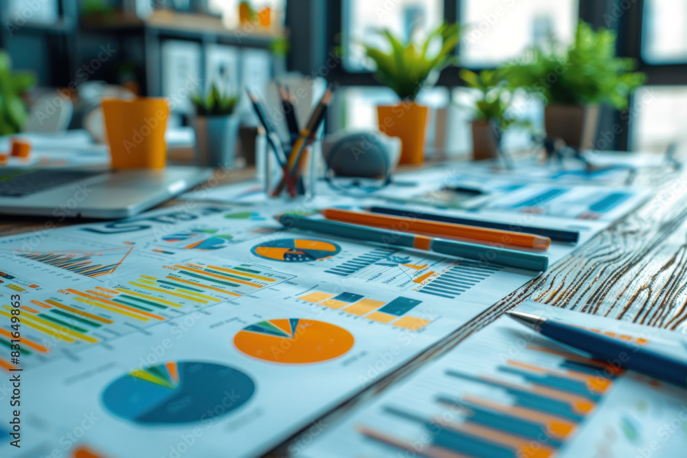Poster a table with a bunch of graphs and a laptop. the graphs are colorful and the table is cluttered with
