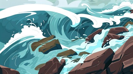 Giant waves crashing on rocks flat design top view, stormy seas, cartoon drawing, complementary color scheme 