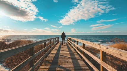 Person walking on wooden boardwalk towards ocean under bright sky - Powered by Adobe