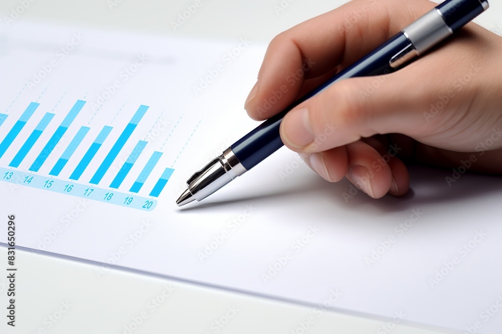 Poster close-up of a hand holding a pen, analyzing a business document with a bar chart, representing data 