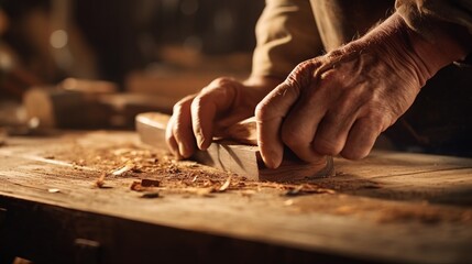 Close-up of a craftsman's hands woodworking, smoothing a piece of wood on a workbench, surrounded by wood shavings in warm light. - Powered by Adobe