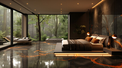 Modern style minimalist Bedroom interior design idea forest outside. Hotel bedroom interior material brainstorming.