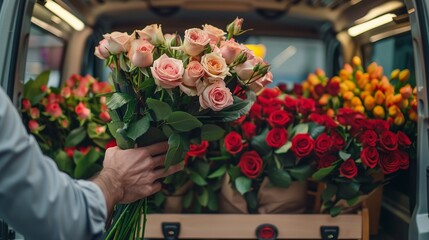 Close-up of a florist arranging colorful flower bouquets in the back of a delivery van, with red, pink, and yellow roses.