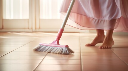 Close-up of a person cleaning a tiled floor with a mop, creating a bright and tidy home environment in soft natural light.