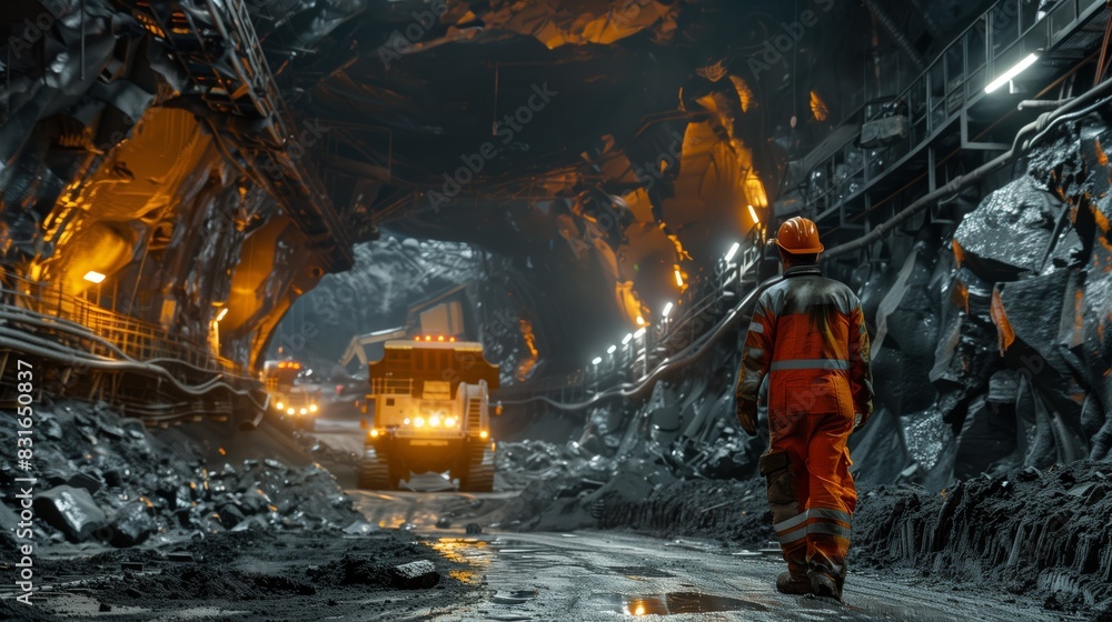 Poster worker overlooking advanced mining equipment at work. miner watches over large mining vehicles in op