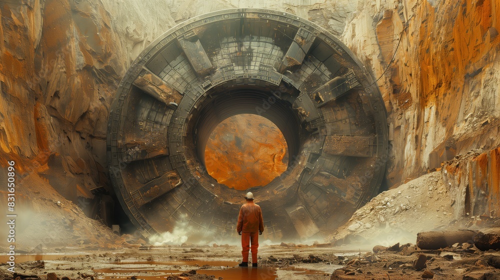 Poster engineer examining tunnel boring machine in construction site. engineer in a construction site exami