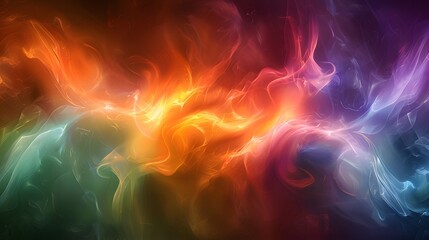 A lively abstract background with a burst of multicolored shapes and smoke, showcasing swirling patterns in green, orange, and purple, designed to appear high-definition