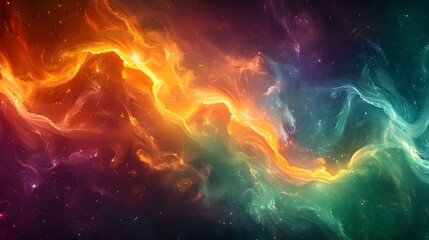A lively abstract background with a burst of multicolored shapes and smoke, showcasing swirling patterns in green, orange, and purple, designed to appear high-definition