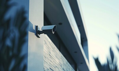 CCTV camera attached to concrete wall of building house. Office security equipment.	