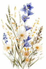 Boho Wildflower Bouquet in Watercolor on White Background Perfect for Home Decor or Prints
