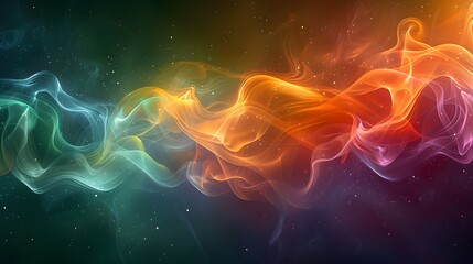 A lively abstract background featuring a colorful burst of shapes and smoke in shades of green, yellow, and purple, captured with a high-definition realistic look