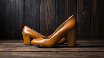 pair of leather high heel shoes with a chunky heel are sitting on a wooden surface against a dark wood background.