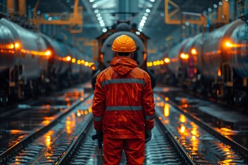 Obraz premium Railway Worker in Safety Gear at Train Depot. Railway worker wearing safety gear stands at a train depot surrounded by rail cars, highlighting industrial maintenance and transportation.