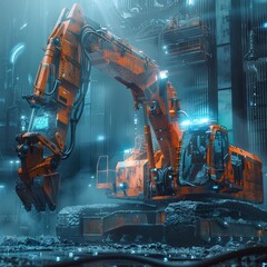 Advanced construction machinery in action with holographic guides, modern sci-fi style, cool tones, high detail, digital rendering.