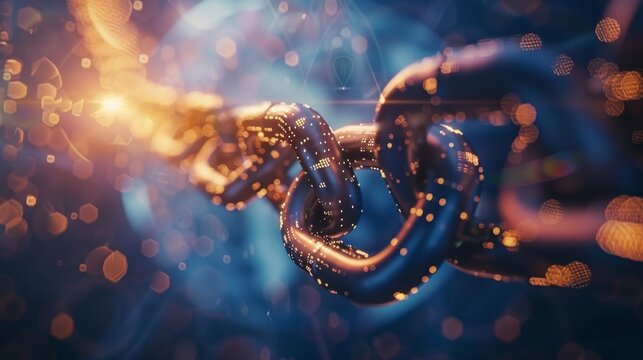 The future of supply chain management encapsulated by the intricate and secure network of chains and blocks weaving around the globe.