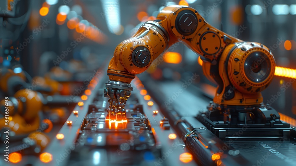 Poster high-tech robotic arm on assembly line. sophisticated orange robotic arm working on an assembly line
