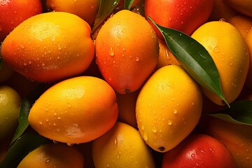 Isolated mango. Fresh organic mango with leaves isolated clipping path. Mango macro studio photo, generative ai
