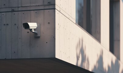 CCTV camera attached to concrete wall of building house. Office security equipment.	