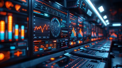 Obraz premium High-Tech Control Room Monitors. High-tech control room filled with monitors displaying data and graphs, illustrating advanced logistics and operational monitoring.