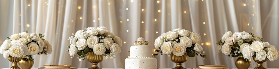 A white and gold cake with party decorations that could be for a wedding reception or a fancy birthday party. 