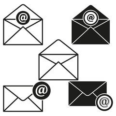 Email icon set. Black and white envelopes. At symbol included. Vector illustration.
