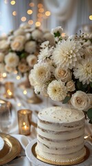 A white and gold cake with party decorations that could be for a wedding reception or a fancy birthday party. 