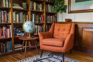 Mid-century modern library with a built-in bookshelf with geometric patterns, a plush armchair in a jewel tone, and a globe positioned on a stand.