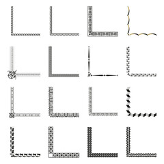 Decorative corner elements. Ornate frame borders. Black and white designs. Vector illustration.