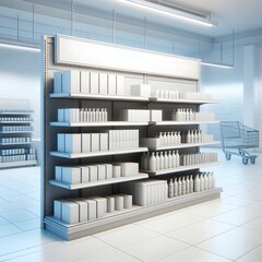 AI Generate of Mockup Supermarket Shelves with mockup blank goods in 3D render.	
